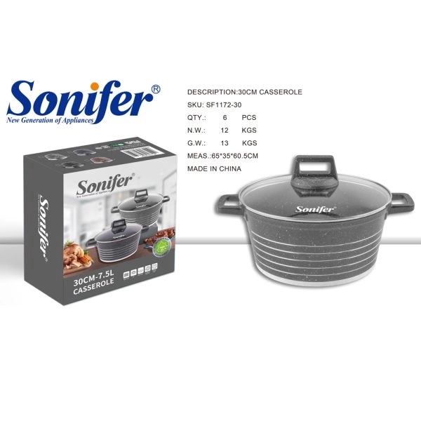 Керамическая кастрюля Sonifer 1172 30 см из износостойкого материала со стеклянной крышкой и антипригарным покрытием чёрный купить