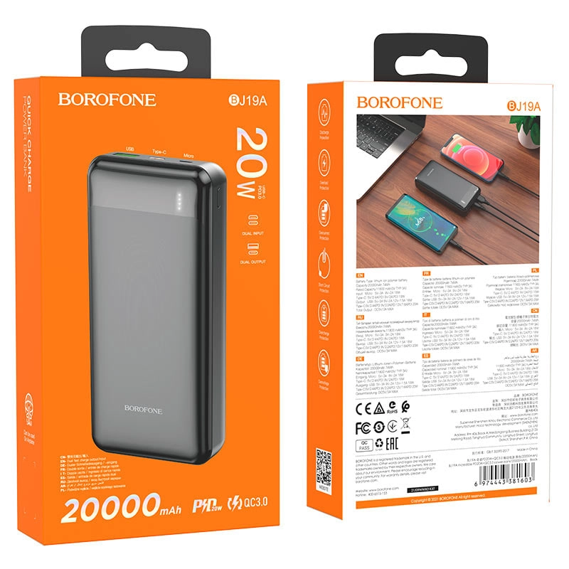 BOROFONE BJ19A 20000mAh qora portativ akkumulyatori O'zbekistonda