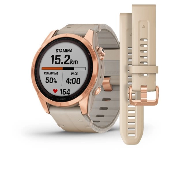 Garmin FENIX 7S Sapphire Solar Edition Rose Gold Titanium with Limestone Leather Band smart-soati arzon