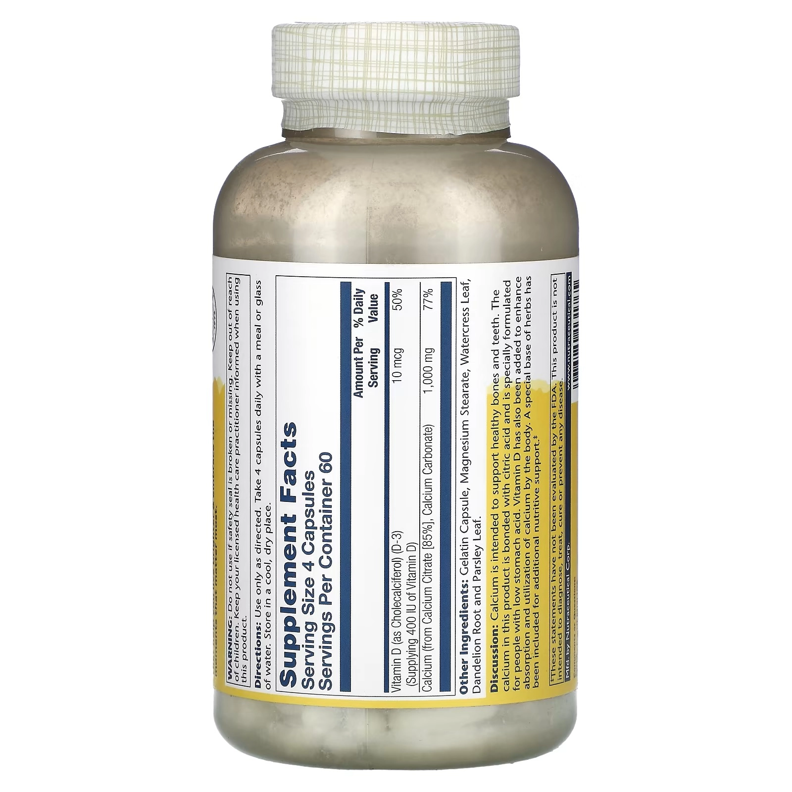 Solaray, цитрат кальция с витамином D3, 1000 мг, 240 вегетарианских капсул (13176) недорого