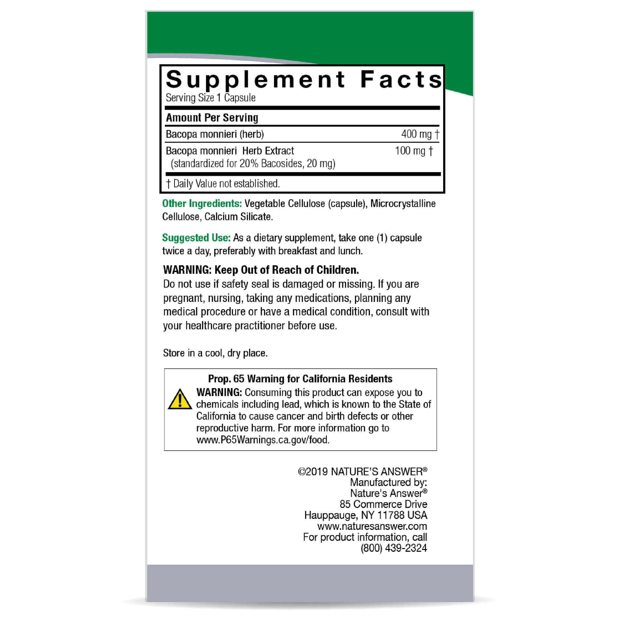 Nature's Answer Bakopa kapsulalari – 90 ta vegetarian kapsula (16360) narxi