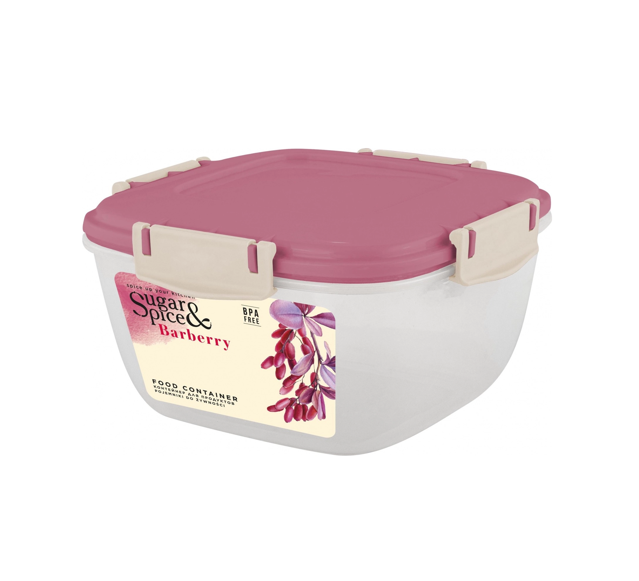 Контейнер для продуктов Sugar&Spice Вarberry, с защелками, герметичный, 1л, квадратный брусника купить