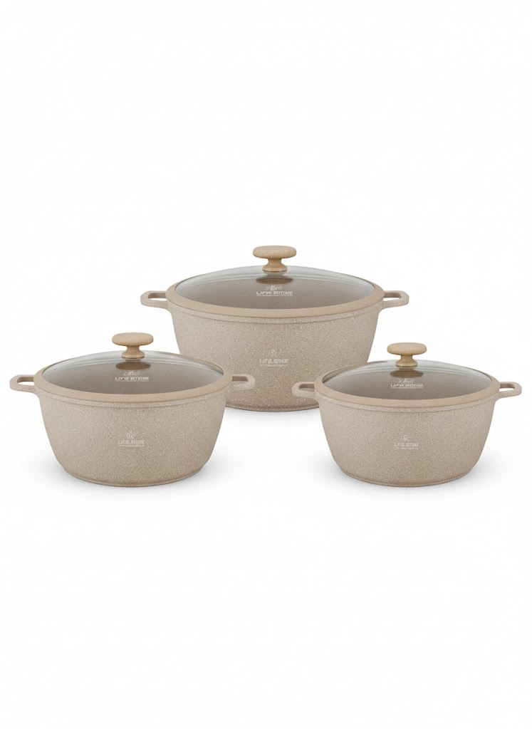 Life Smile Granite coating cookware set Beige oshxona idishlari to&lsquo;plami, LIFEP17S-6-BEIGE sotib olish