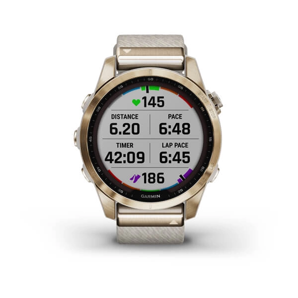 Garmin FENIX 7S Sapphire Solar Edition Cream Gold Titanium with Cream Heathered Nylon Band smart-soati rasm bilan