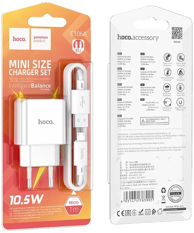 Hoco C106A Mini Size 10.5W quvvatlash uskunasi + Micro kabeli xususiyatlar