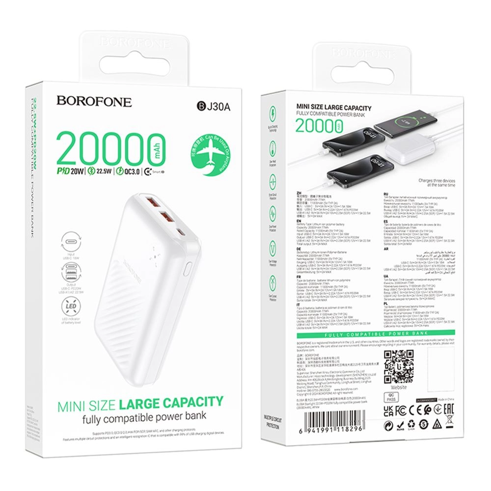 Borofone BJ30A Starlight 22.5W+PD20W 20000mAh oq portativ akkumulyatori - rasm №3 Borofone BJ30A Starlight 22.5W+PD20W 20000mAh oq portativ akkumulyatori arzon
