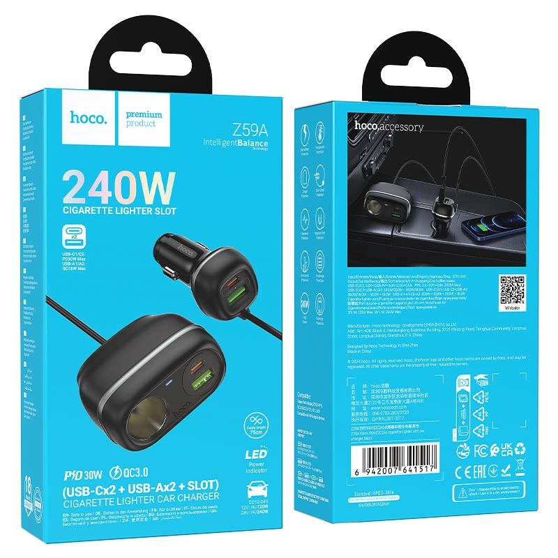 Автомобильное зарядное устройство Hoco Z59A Rank 240W Car Charger - черный характеристики