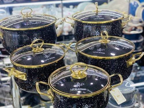 Набор эмалированных кастрюль Lifesmile Gold (чёрный, синий, бардовый, серый) цена