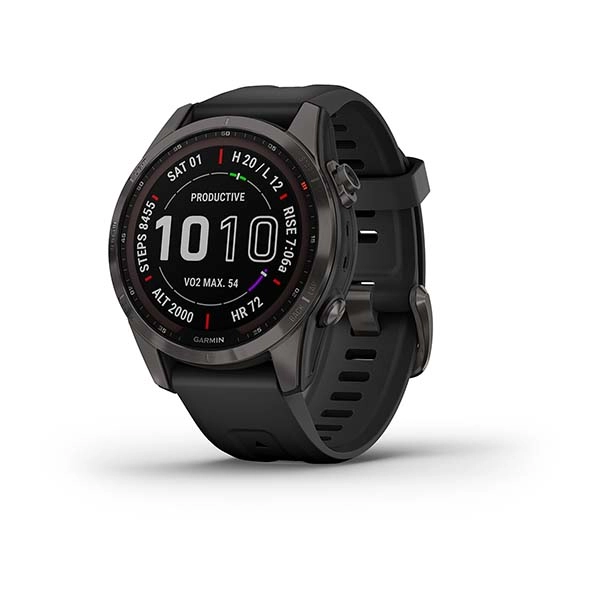 Garmin FENIX 7S Sapphire Solar titan-ko‘mir-kulrang DLC silikon tasmali smart soati sotib olish