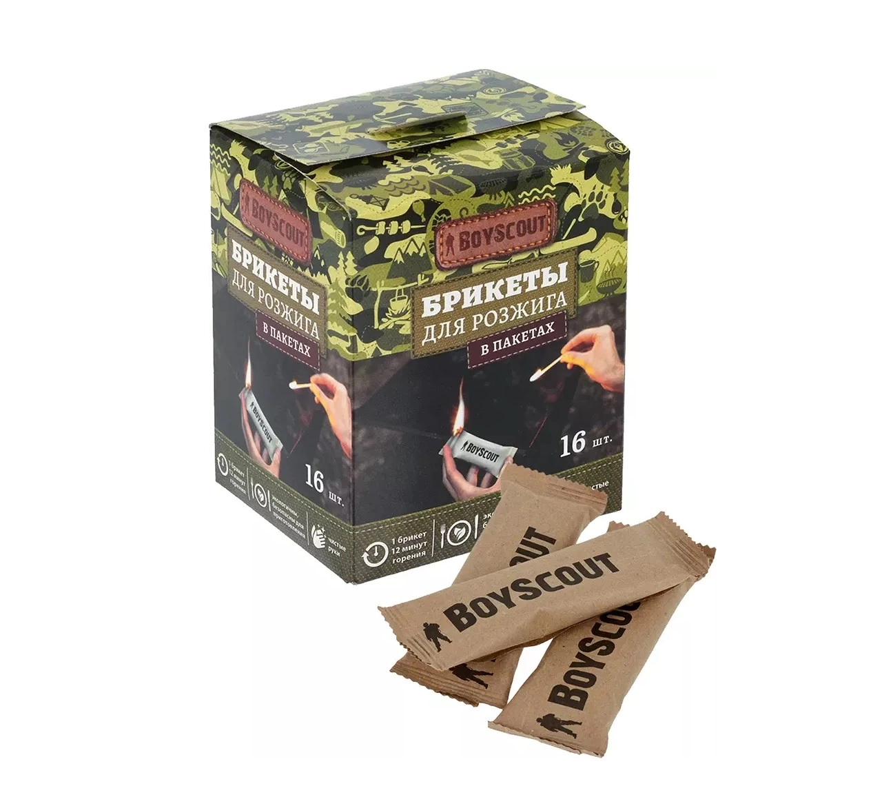 BoyScout mangal, barbekyu, kamin va pech uchun olov yoqish uchun briketlari, 16 dona sotib olish