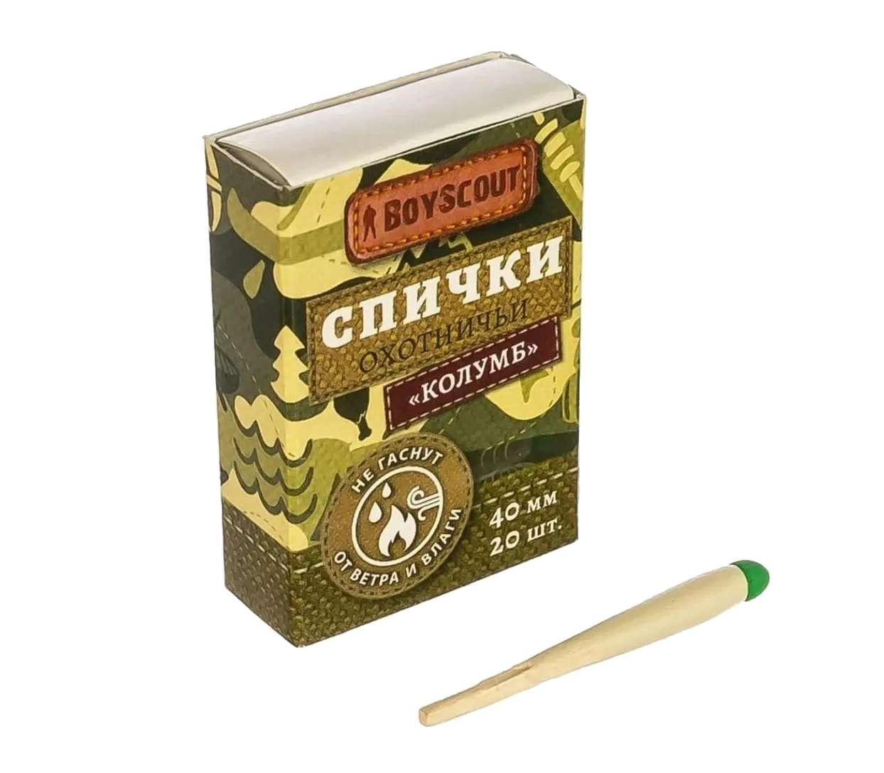 BoyScout Columb shamol va namlikda o‘maydigan gugurti, 40 mm, 20 dona sotib olish