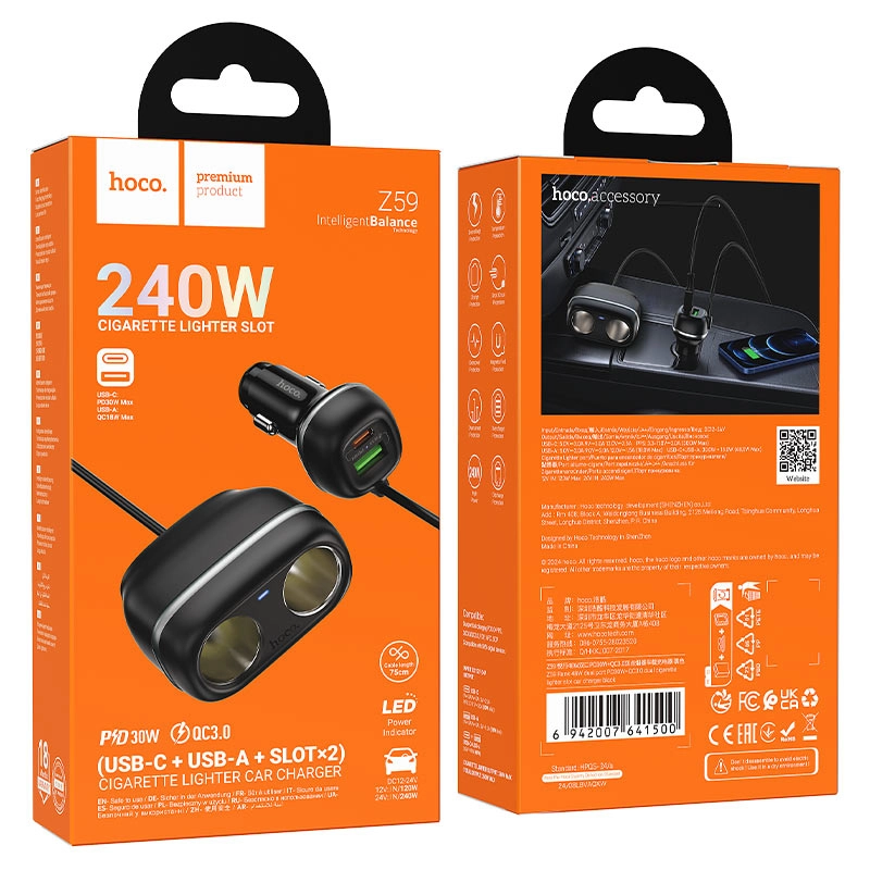 Автомобильное зарядное устройство Hoco Z59 Rank 240W Car Charger - черный характеристики