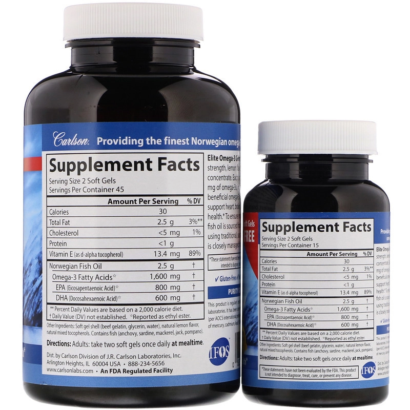 Carlson, Elite Omega-3 Gems, Norvegiya yovvoyi baliqlaridan tanlangan omega-3 kislotalari, tabiiy limon ta'mi bilan, 1600 mg, 90+30 kapsula (1 kapsulada 800 mg) (01714) arzon