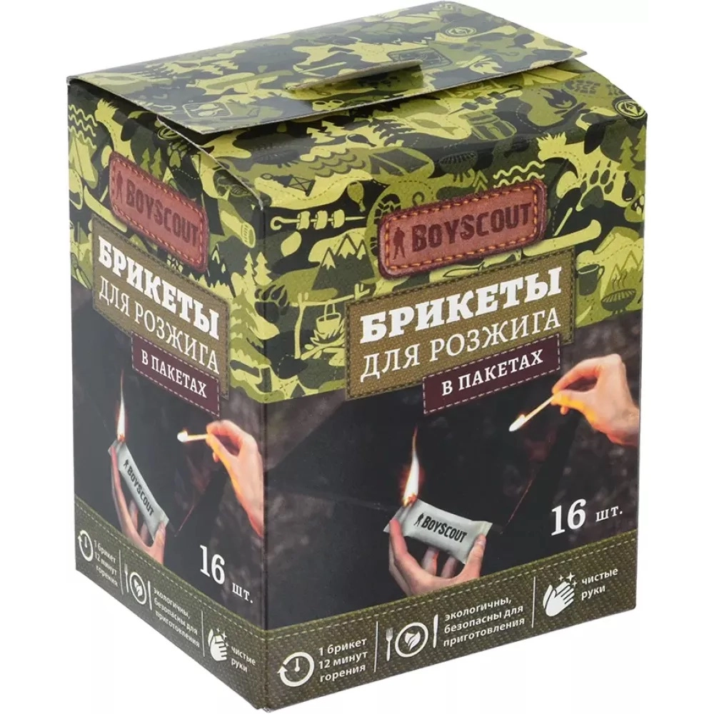 BoyScout mangal, barbekyu, kamin va pech uchun olov yoqish uchun briketlari, 16 dona arzon