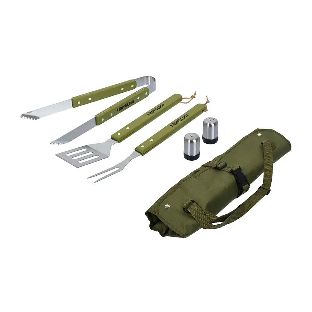 BoyScout barbekyu anjomlari to‘plami (sumka-fartuk, vilka, kurakcha, qisqich, tuzdon, murchdon) arzon