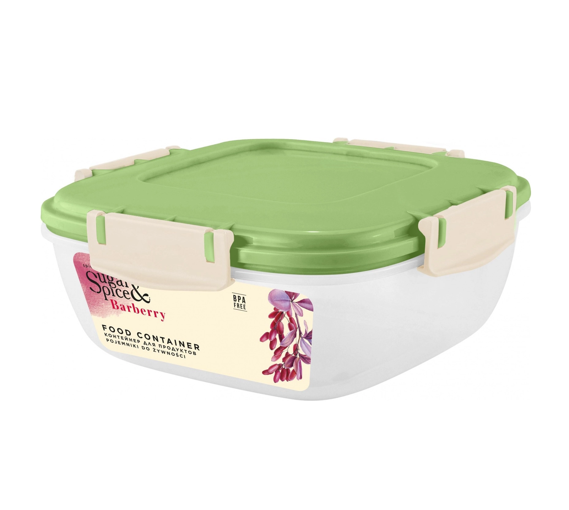 Контейнер для продуктов Sugar&Spice Вarberry, с защелками, герметичный, 0,7л, квадратный фисташка купить