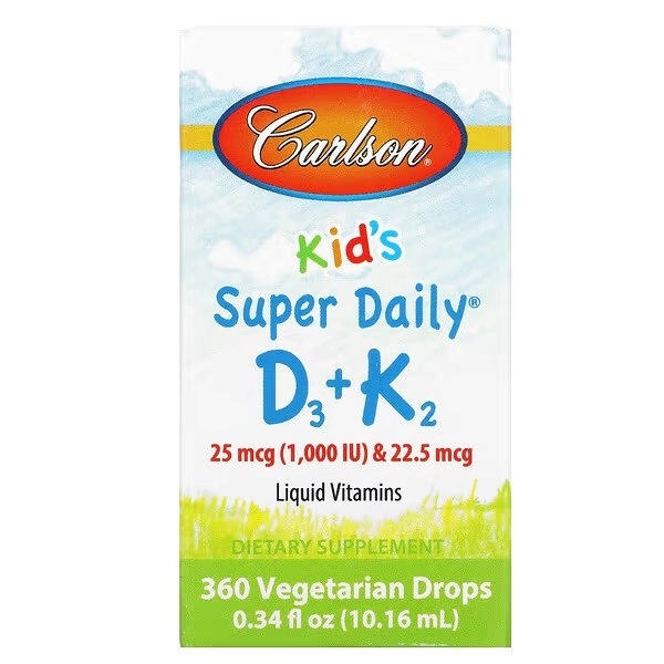 Carlson Labs, Kids, Super Daily D3+K2, 25 mcg (1000 ME) va 22,5 mcg, 10,16 ml (0,34 suyuq unsiya) (10530) sotib olish