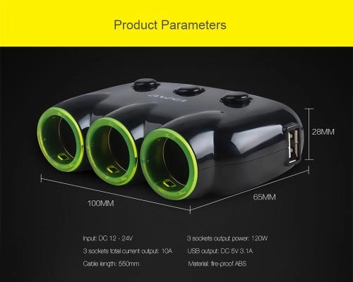 Разветвитель автомобильного прикуривателя AWEI C-35 3Ports/2USB/3,1A Black в Узбекистане
