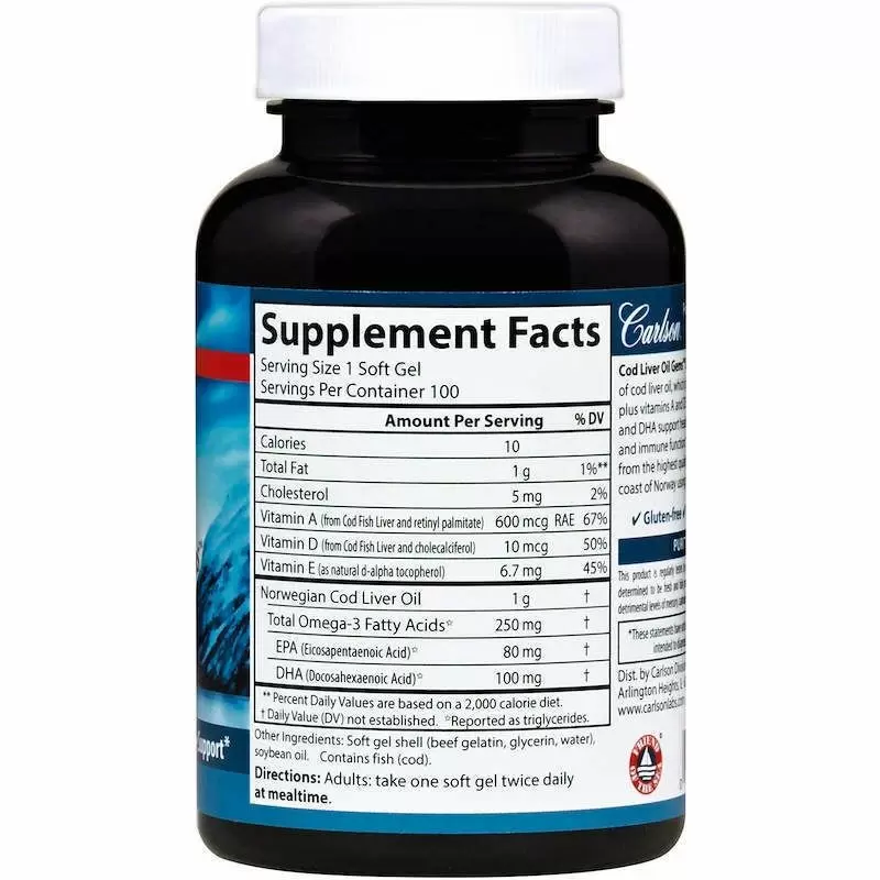 Carlson Cod Liver Oil Gems, yovvoyi Norvegiya treskasi jigarrigidan olingan yog' kapsulalari, yuqori sifat, 1000 mg, 100 kapsula (01301) arzon