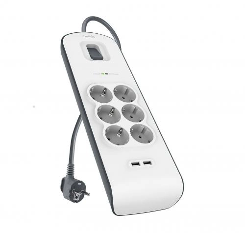 Сетевой фильтр Belkin c защитой от перенапряжения 6 роз., 2xUSB 2.4A, 650 Дж, UL 500 В, кабель 2м купить