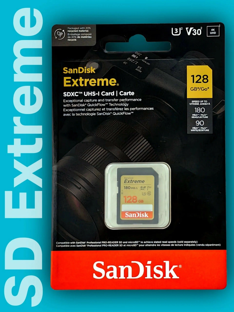 SanDisk Extreme SDXC UHS-I Class 10 V30 180MB/s 128GB xotira kartasi arzon