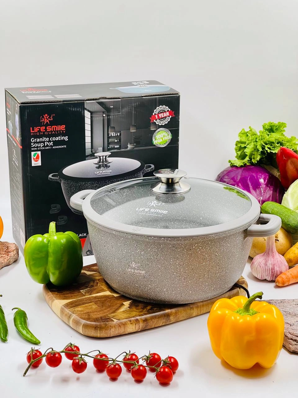 Казан  со стеклянной крышкой Life Smile 32см 9,8л, BEIGE в Узбекистане