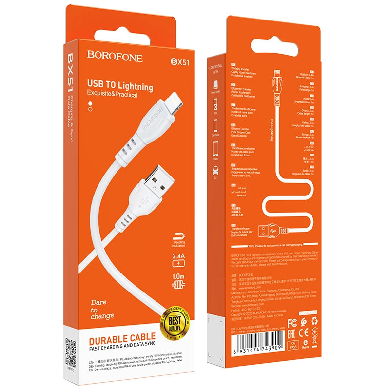 Apple iPhone uchun Borofone USBga Lightning BX51 Triumph 2.4A 1m Kabel (Oq) arzon