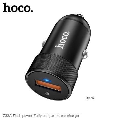 Hoco  Z32A Flash, 1xUSB, 4A, 18W  qora avtomobilda smartfon quvvatlagichi sotib olish