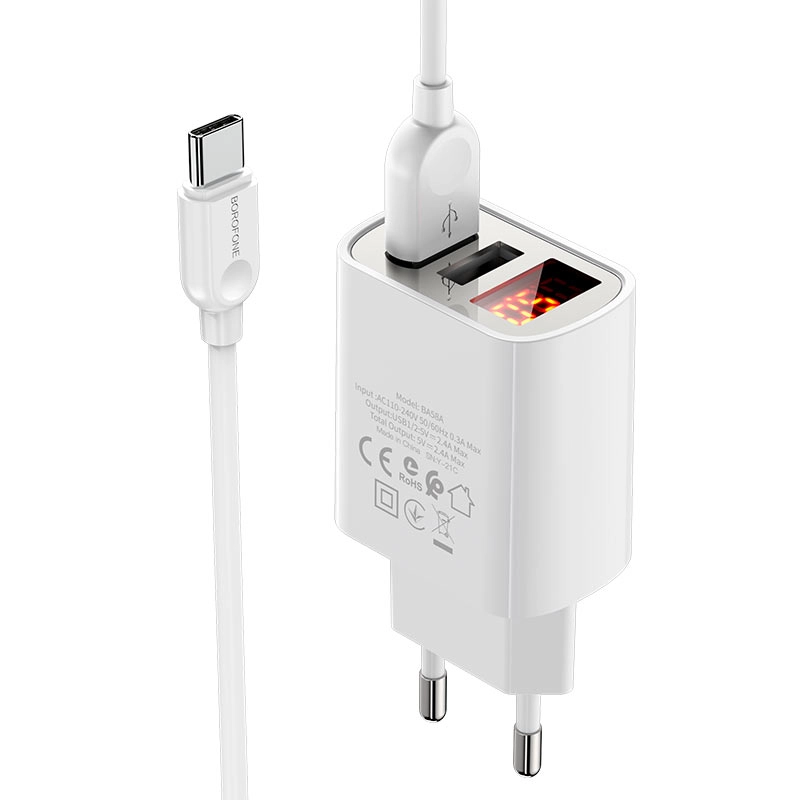 Borofone Led 2USB Type-C 2x1 zaryadlash moslamasi kabeli bilan arzon