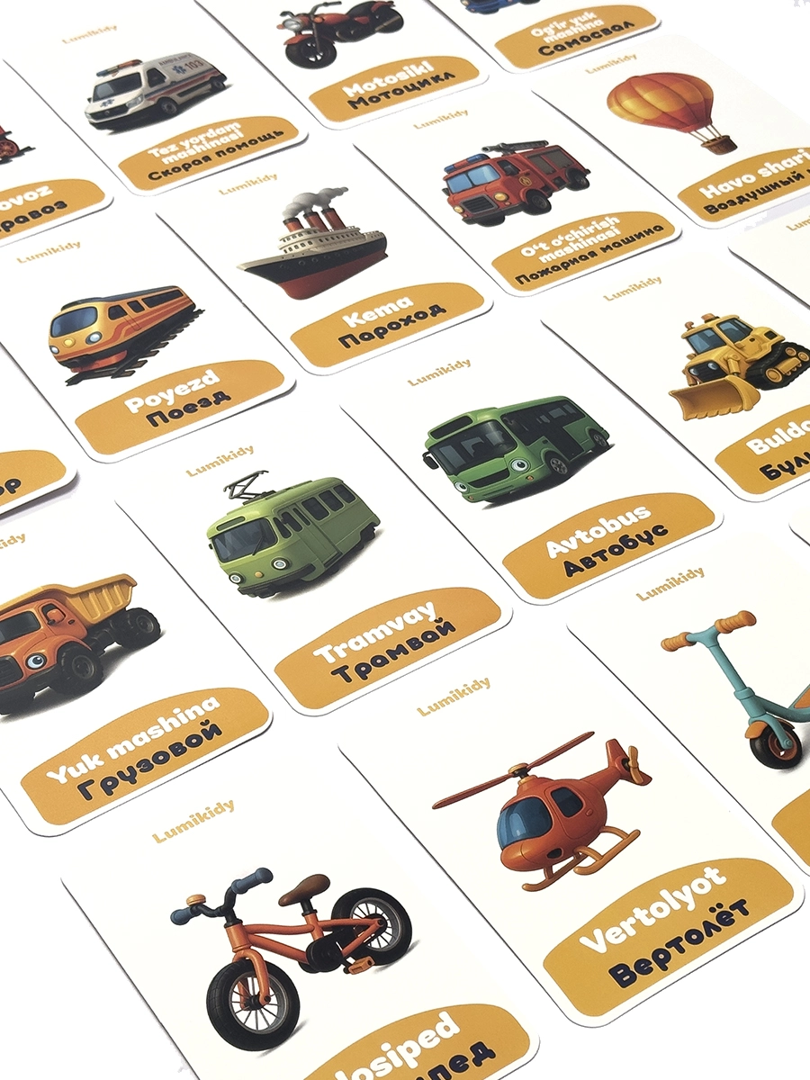 Bolalar rivojlanishi uchun kartochkalar: Transportlar - Транспорт (rus tilida) bo'lib to'lash