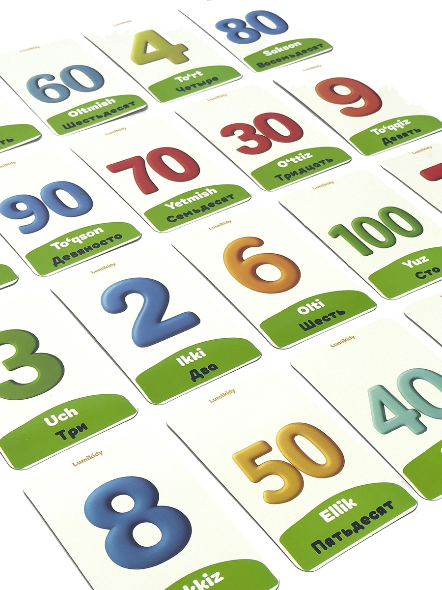 Bolalar rivojlanishi uchun kartochkalar: Raqamlar - Цифры (rus tilida) O'zbekistonda