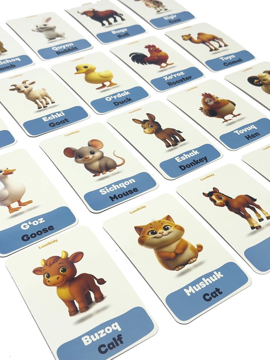 Bolalar rivojlanishi uchun kartochkalar: Uy hayvonlar- Domestic animals (ingliz tilida) narxi