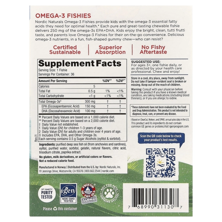 Nordic Naturals Omega-3 Fishies, 36 жевательных рыбок, без сахара, 300 мг (31130) недорого