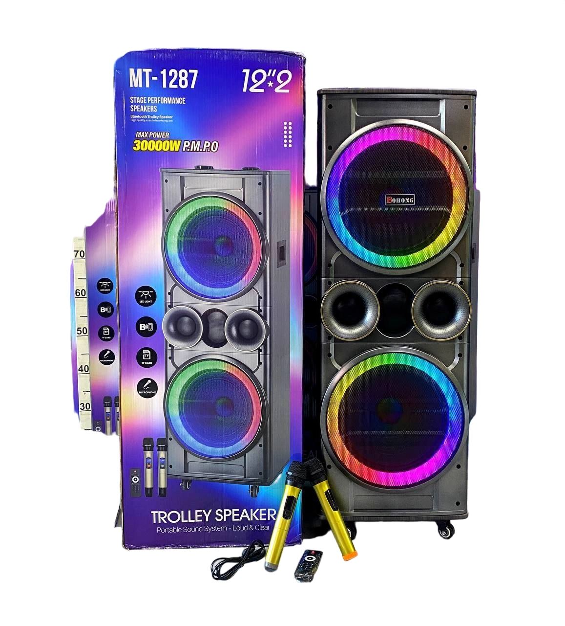 Subwoofer BQHONG MT1287 qora portativ kolonkasi + mikrofon arzon