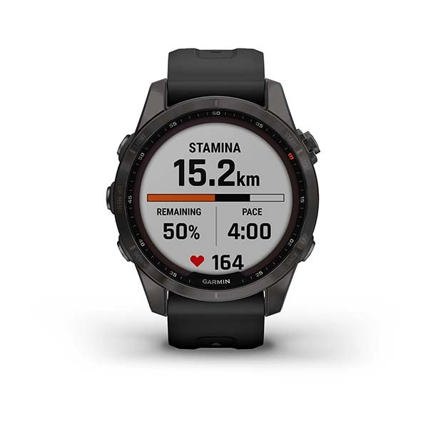 Garmin FENIX 7S Sapphire Solar titan-ko‘mir-kulrang DLC silikon tasmali smart soati bo'lib to'lash