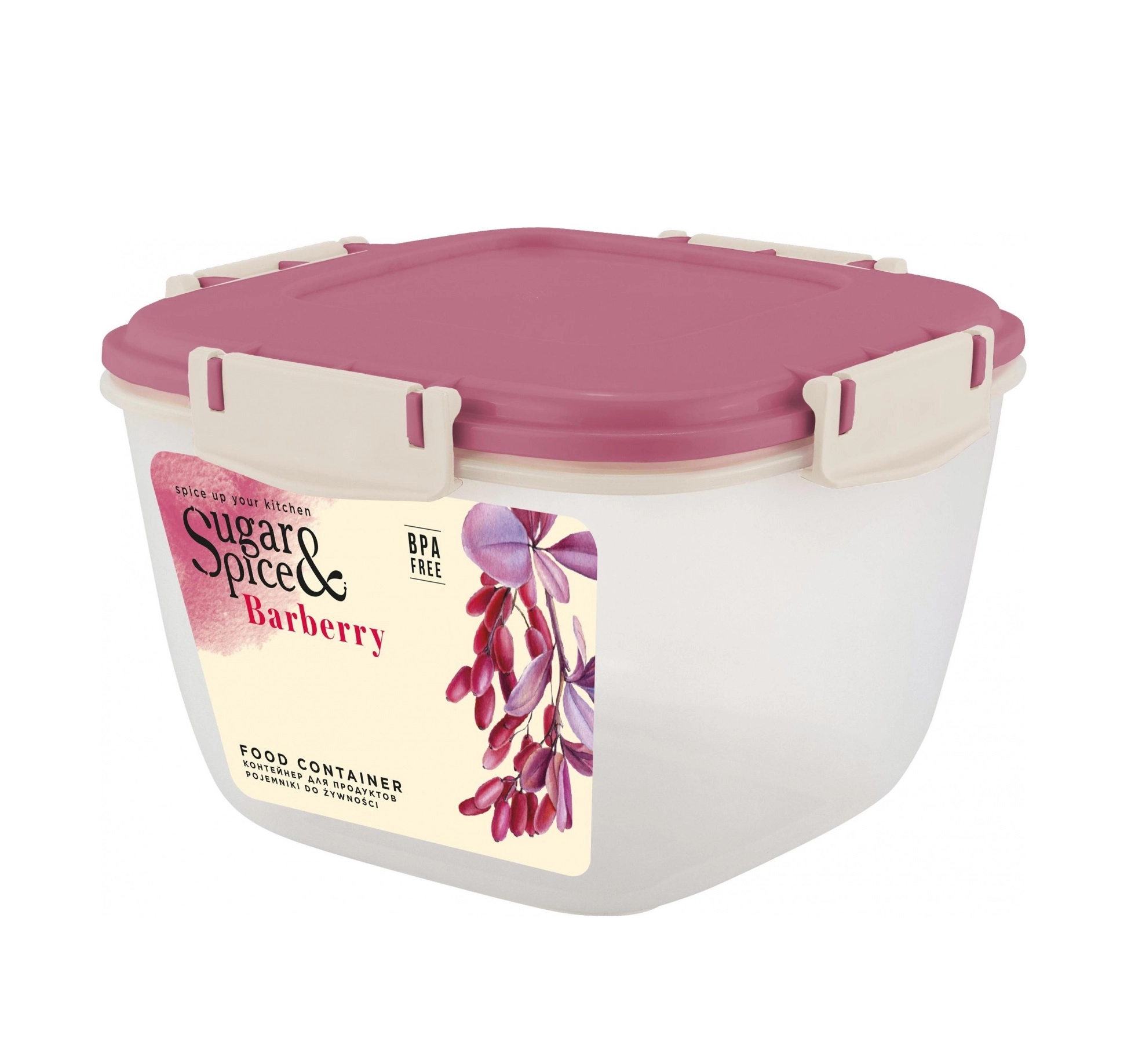 Контейнер для продуктов Sugar&Spice Вarberry, с защелками, герметичный, 1,35л, квадратный брусника купить
