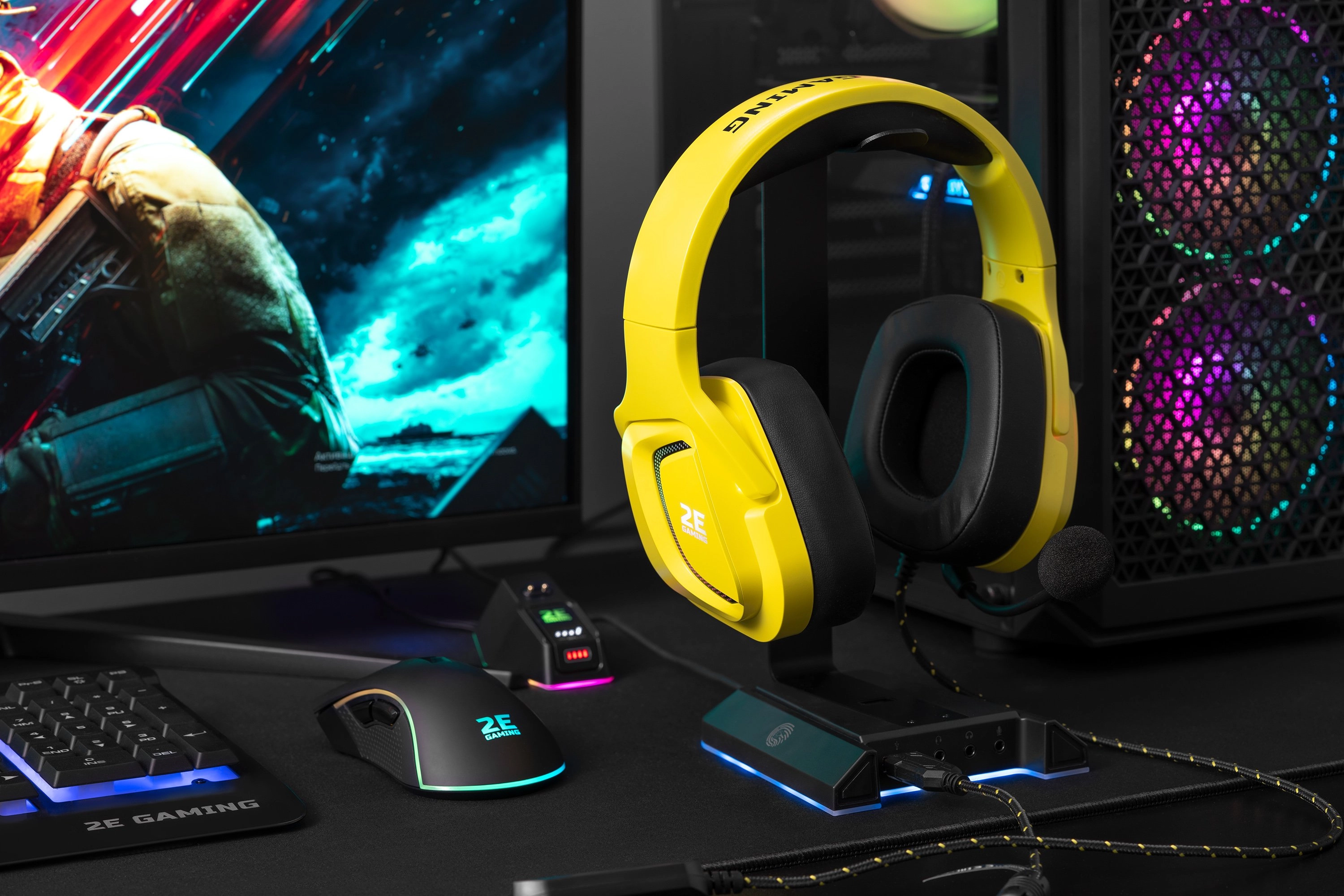 2E Gaming GST320 RGB 7.1 USB qora 3 tasi 1 da quloqchin podstavkasi O'zbekistonda