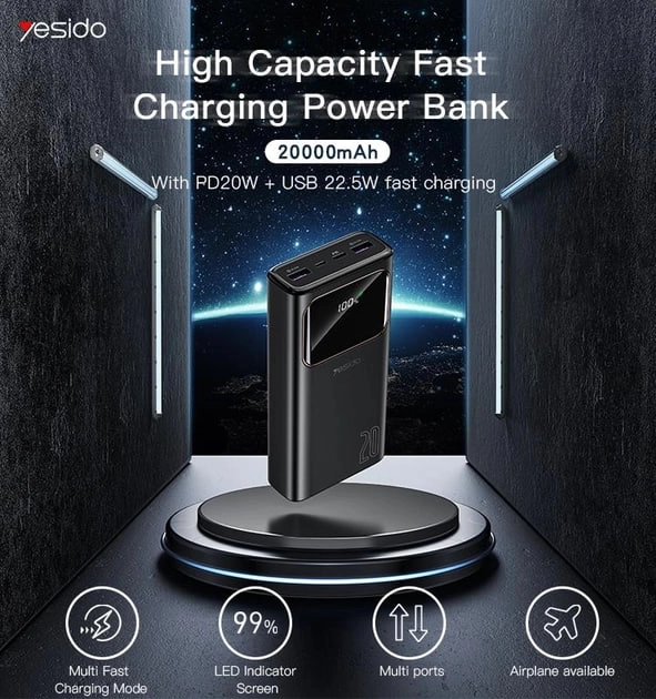 Power Bank Yesido, 20000 mAh YP-30-qora tashqi akkumulyatori O'zbekistonda