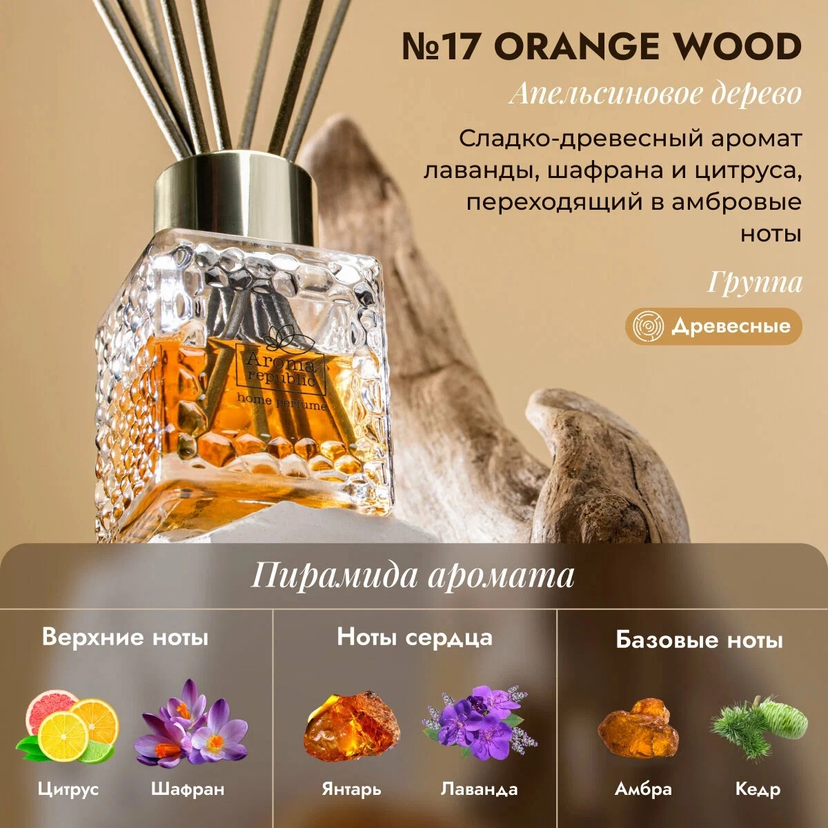 Ароматический диффузор в стеклянном флаконе Aroma Republic  Ароматический диффузор в стеклянном флаконе Aroma Republic "№17 Orange wood" 50 мл в Узбекистане