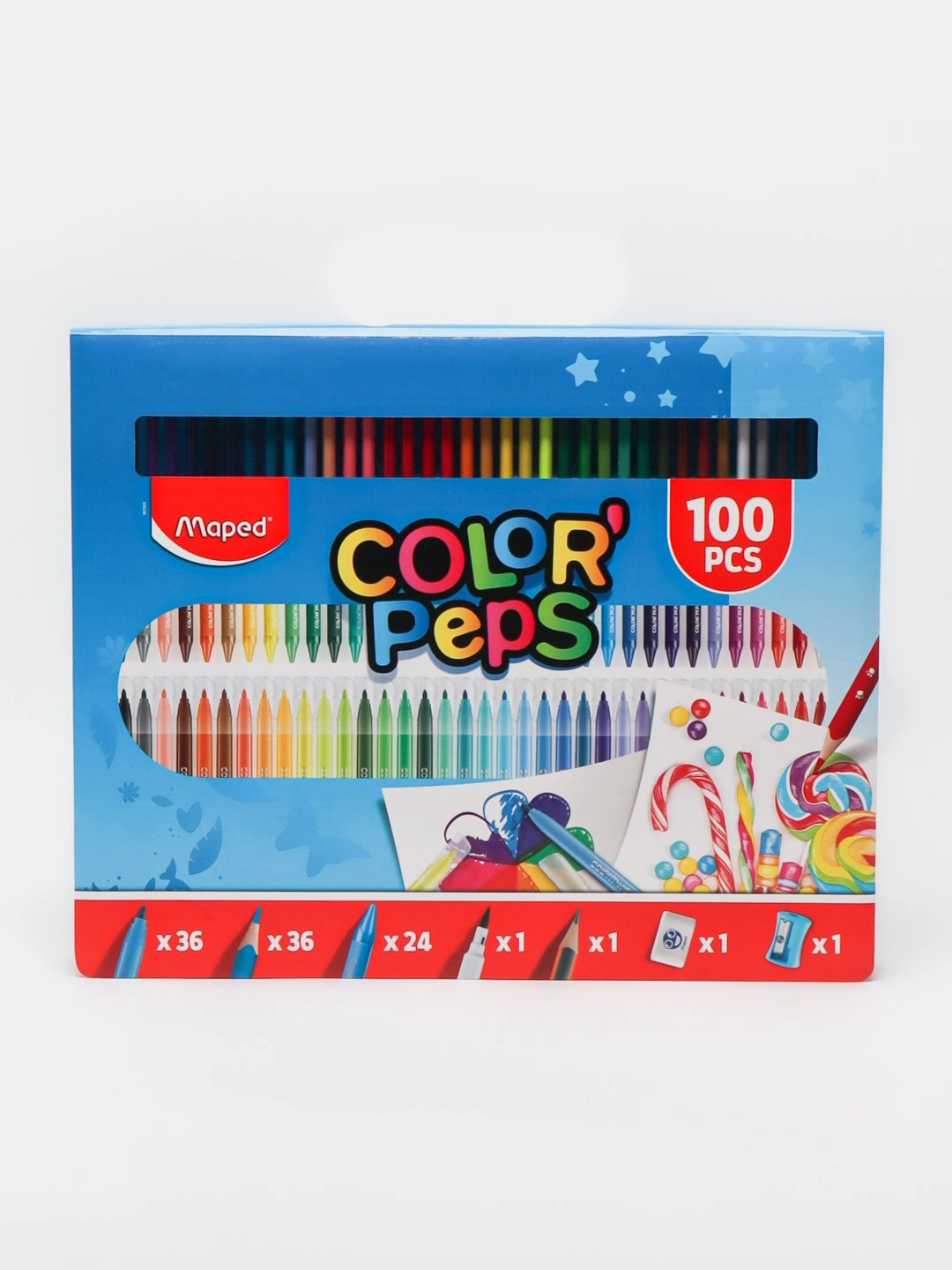 Color peps Kit, Maped 100 ta elementli rasm chizish to&lsquo;plami, plastik qutida sotib olish