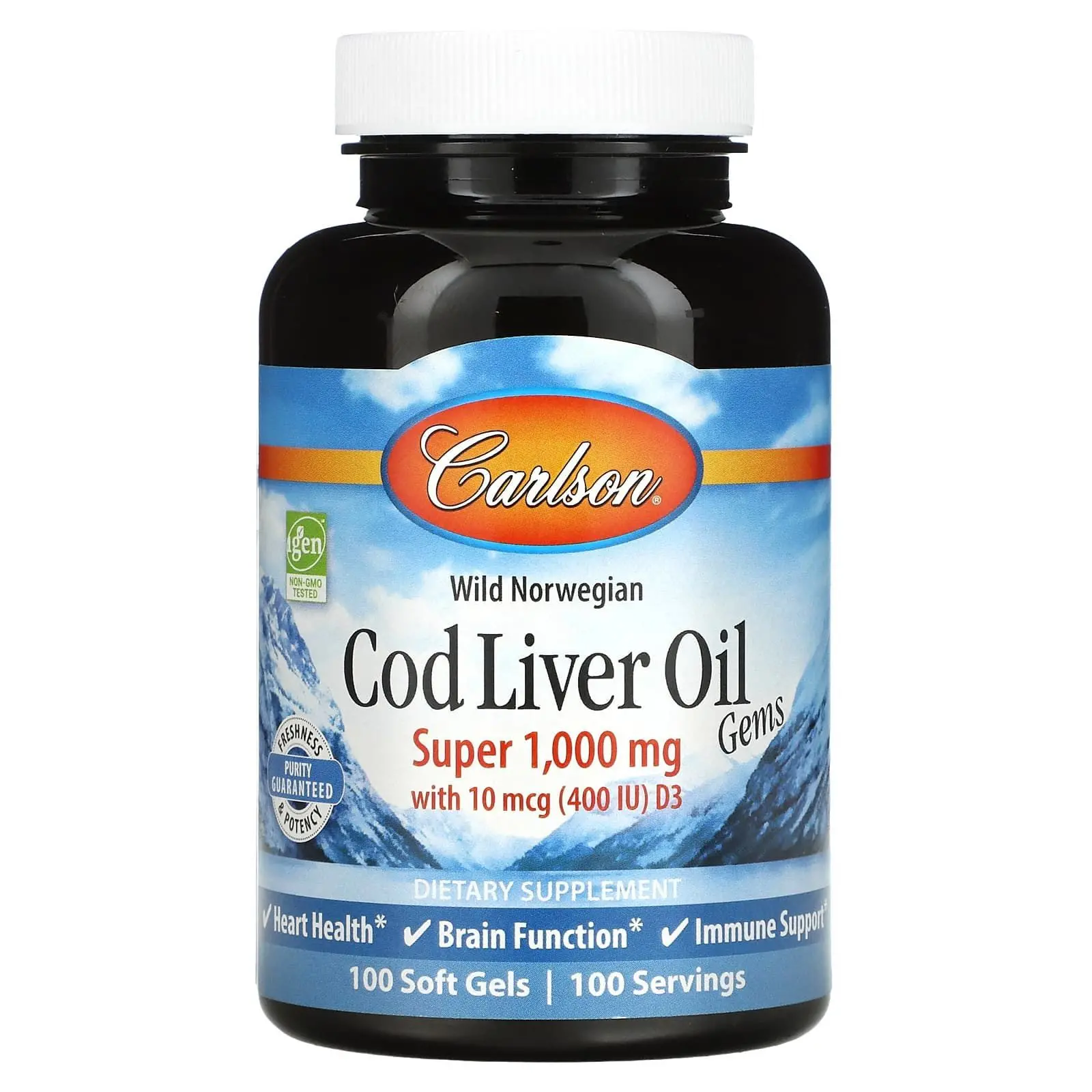 Carlson Cod Liver Oil Gems, yovvoyi Norvegiya treskasi jigarrigidan olingan yog' kapsulalari, yuqori sifat, 1000 mg, 100 kapsula (01301) sotib olish