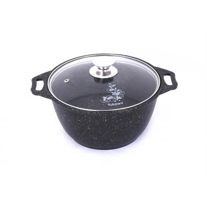 Kukmara 2 litr marmar qoplamali kastryulka, shisha qopqoqli (кмт22а)