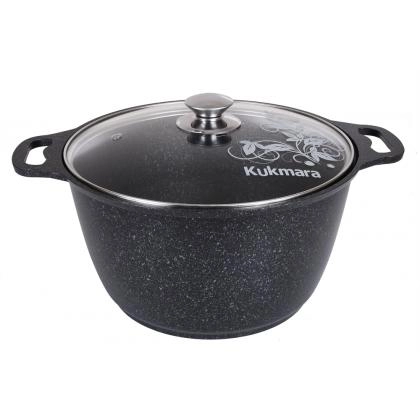 Kukmara Kuydirmas qoplamali, shisha qopqoqli 6l kastryul qora marmar (кмт62-1а)