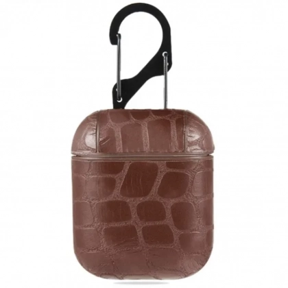 AirPods uchun timsoh terisidan qilingan g&lsquo;ilof (karabinli, jigarrang)