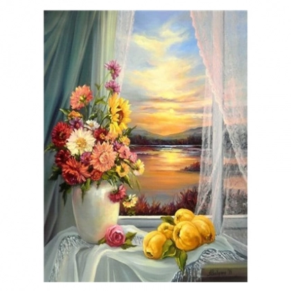 "Deraza oldidagi guldasta" 50x40 sm Y5797 &ndash; raqamlar bo&lsquo;yicha bo&lsquo;yaluvchi surat