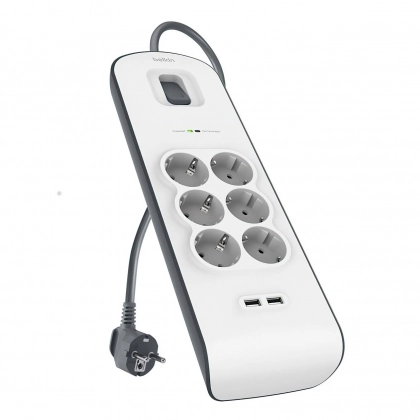 Сетевой фильтр Belkin c защитой от перенапряжения 6 роз., 2xUSB 2.4A, 650 Дж, UL 500 В, кабель 2м