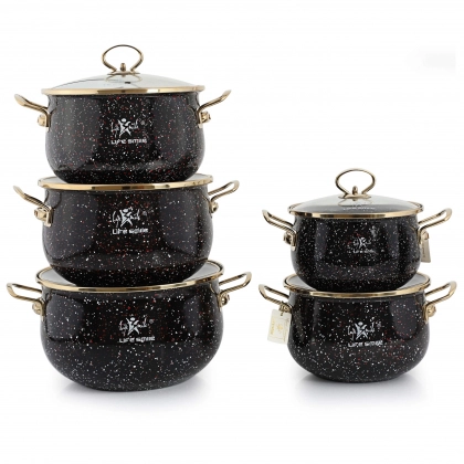 Набор эмалированных кастрюль Lifesmile Gold (чёрный, синий, бардовый, серый)