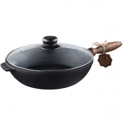 Maysternya T305C3 shisha qopqoq va yog‘och tutqichli chugunli tovasi, 26/6 sm