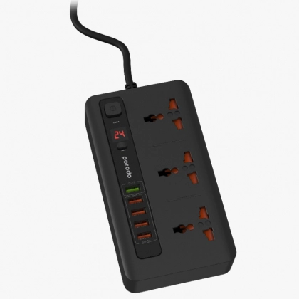 Удлинитель Porodo 5 (3 розетки, 5 USB) Black