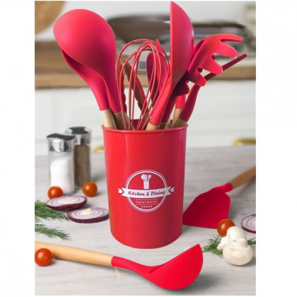 Набор силиконовых половников Kitchen set (12 предметов, чёрный, красный, фиолетовый)